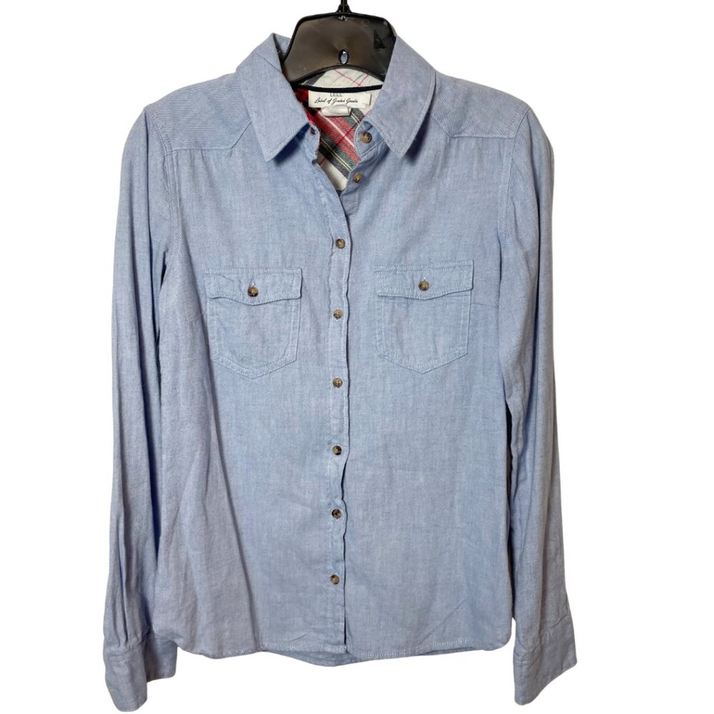 H&M Long Sleeve Button Up Shirt Blue Sz 6 Womens Cotton Collared Front Pockets